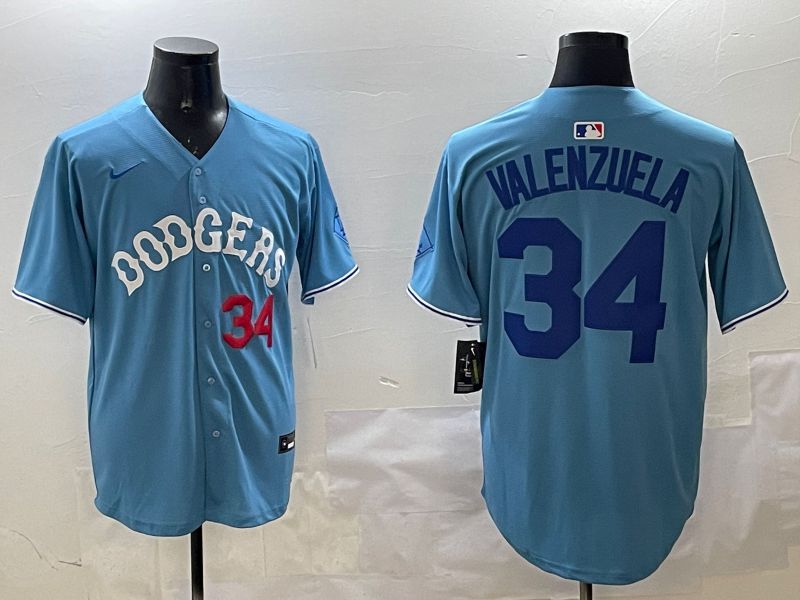 Men Los Angeles Dodgers 34 Valenzuela Light Blue Joint Name 2025 Nike MLB Jersey style 31622
